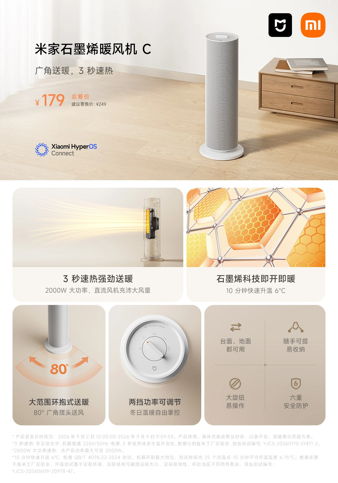 小米米家石墨烯暖风机 C 开启众筹:80° 广角摆头送风、2000W 大功率,179 元
