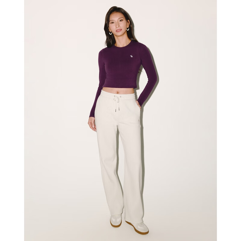 Abercrombie & Fitch 经典小麋鹿图案美式抓绒卫裤25秋冬女装147-5165 白色