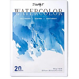 20-Sheets 9"x12" Jusart Cold Press Watercolor Paper Pad (Light or Sky Blue) $4