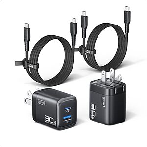 2-Pk INIU 30W GaN Mini USB-C/A Wall Charger w/ 2x 5' USB-C Cable (Black) $8.90