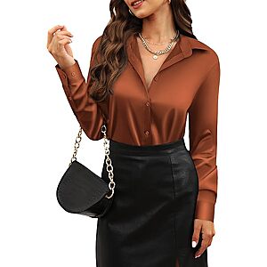 CUNLIN Women's Satin Button-Down Long-Sleeve Shirt (various) $10