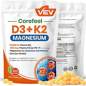 300-Ct VEV Corefeel 10000 IU Vitamin D3 + K2 Softgels w/ Magnesium & Zinc $6 w/ S&S