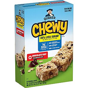 58-Pk 0.84-Oz Quaker Chewy Granola Bars (Less Sugar Chocolate Chip) $9.75 w/ S&S