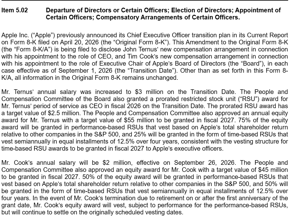 苹果新 CEO 特努斯薪酬方案曝光：基本年薪 300 万美元 + 75% 股权与业绩挂钩，2027 财年薪酬目标 5800 万美元