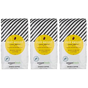 Prime Members Pre-order: 3-Pk 12-Oz Amazon Fresh Whole Bean Coffee (Just Bright) $10.50 + Free S&H