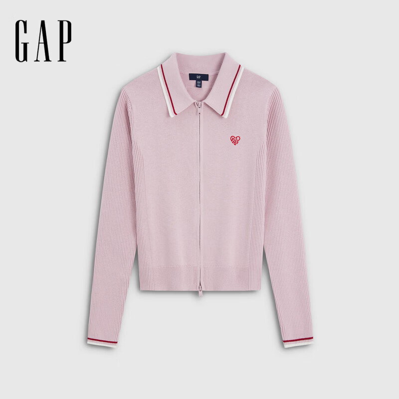 Gap 爱心logo镶边翻领修身针织开衫