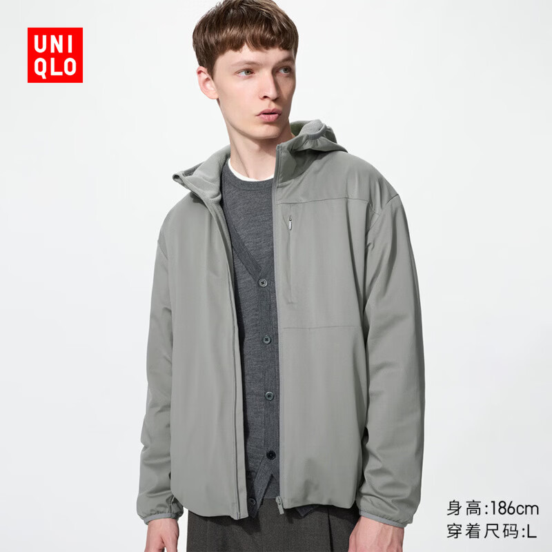 优衣库 防风摇粒绒拉链连帽外套/长袖男装486116 04 烟灰色 M