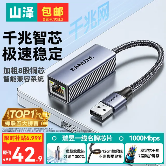山泽 千兆网卡 USB转网口 38.62元