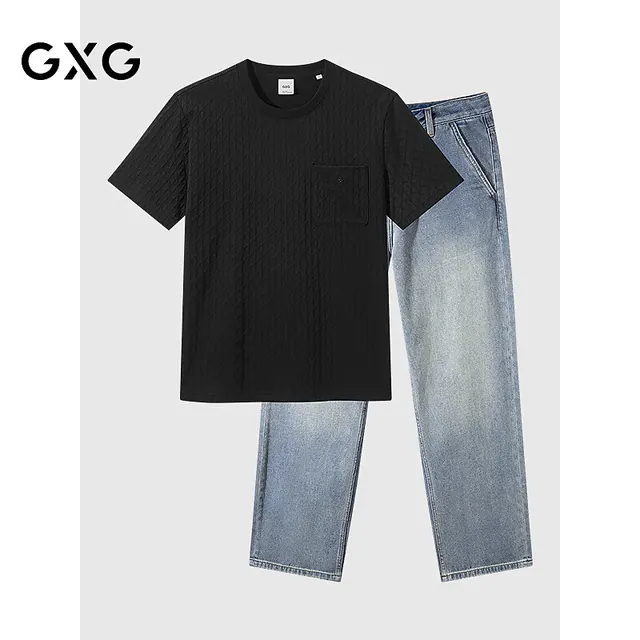GXG 男装 25年夏季新品肌理材质简约T恤破洞水洗色牛仔裤通勤套装 单上装黑色 S 81元（需用券）