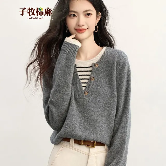 子牧棉麻 条纹拼接假两件 灰色 均码 女士针织衫 59元（需用券）