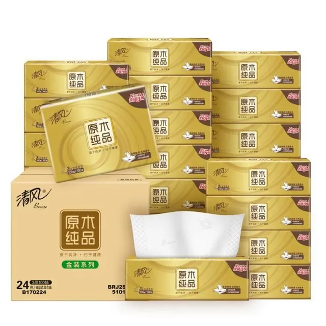 清风 抽纸金装原木压花大号 3层100抽*24包整箱装 23.9元（需买3件，需用券）