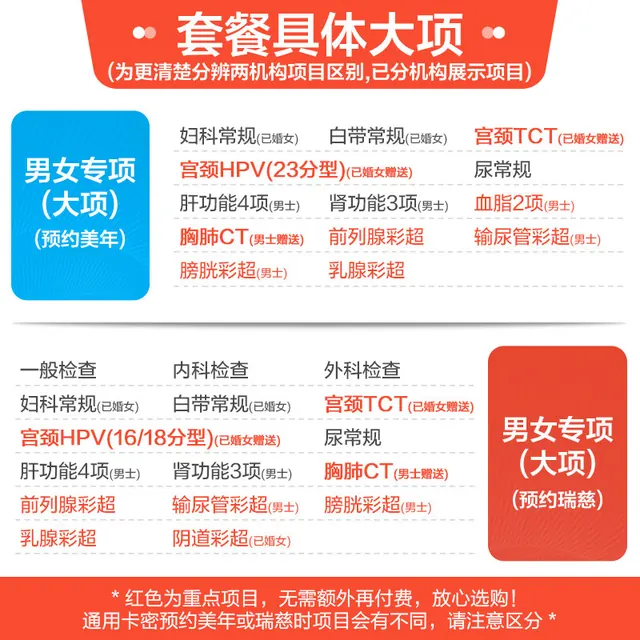 美年大健康 瑞慈体检 专项高阶套餐 双人 赠男士胸肺CT 女士宫颈TCT 798元（需用券）