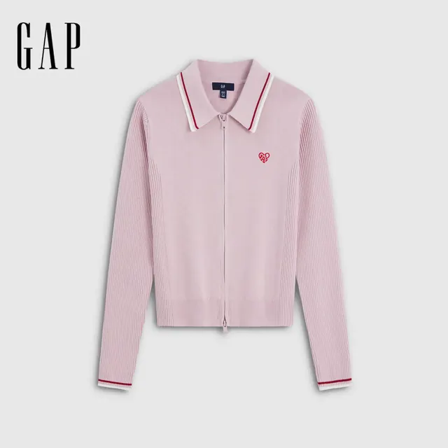 Gap 爱心logo镶边翻领修身针织开衫 189元