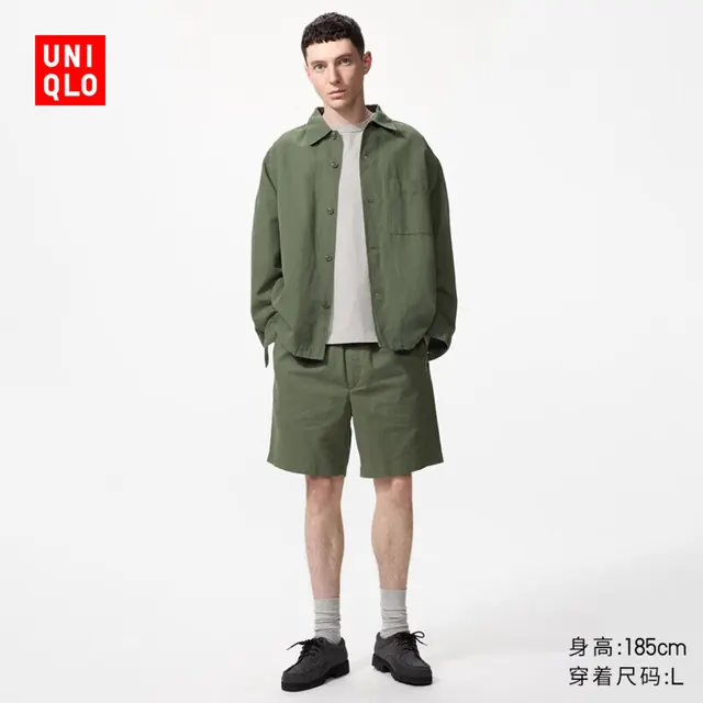 优衣库 麻混纺舒适短裤男装482260 57 深橄榄色 XL 79元